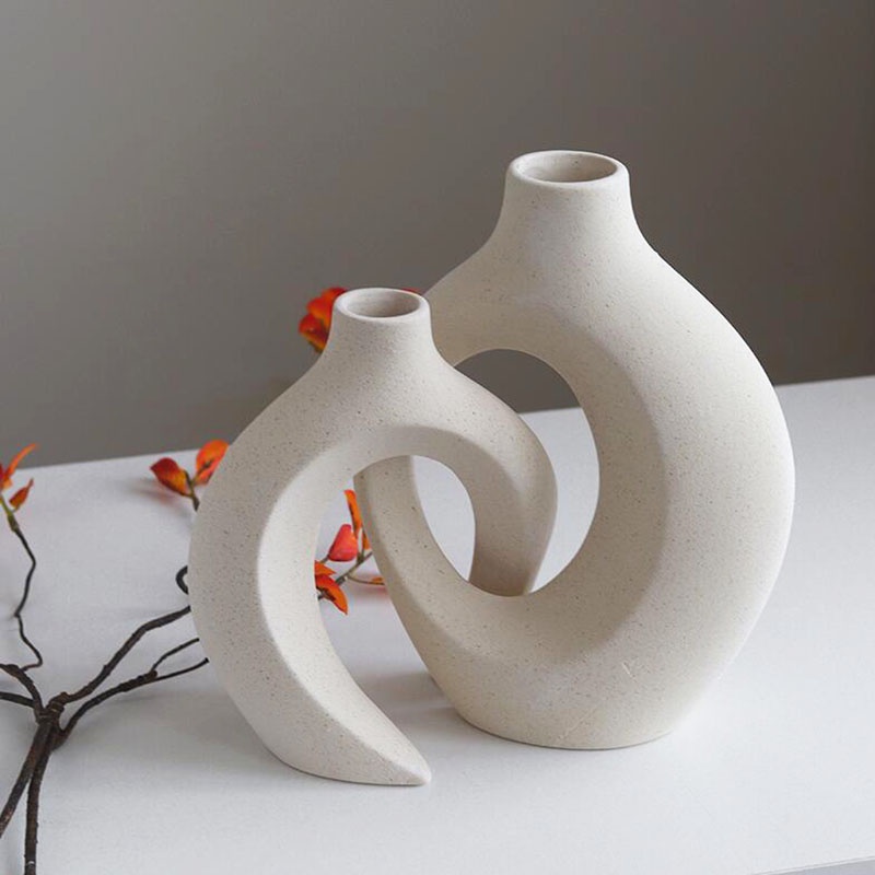Vases Putih Berongga Vas Keramik Set 2 Bulat Modern Vas Nordik Minimalis Gaya Dekorasi Donat Bohemian Estetika Dekorasi Meja