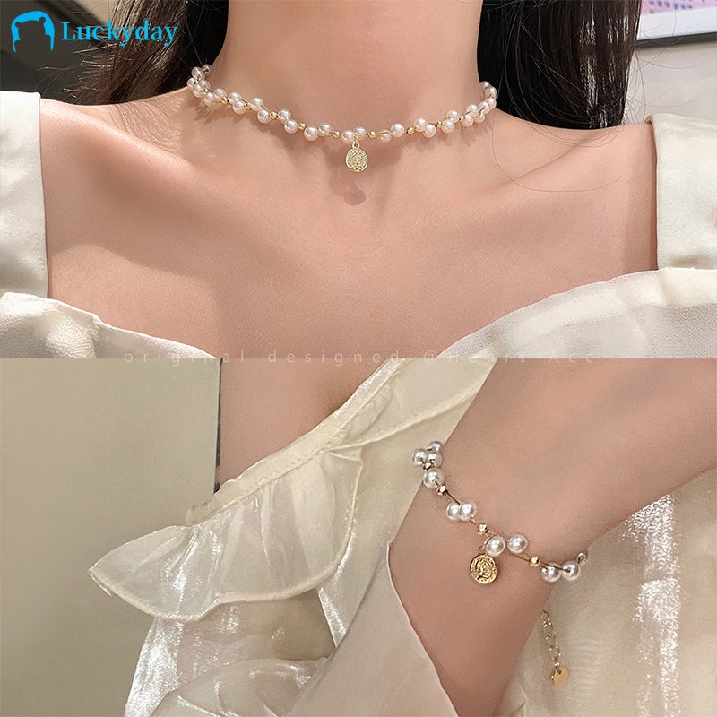 Yeezii Vintage Mutiara Manik-Manik Emas Kalung Gelang Angka Koin Liontin Twist Choker Untuk Wanita Aksesoris Perhiasan
