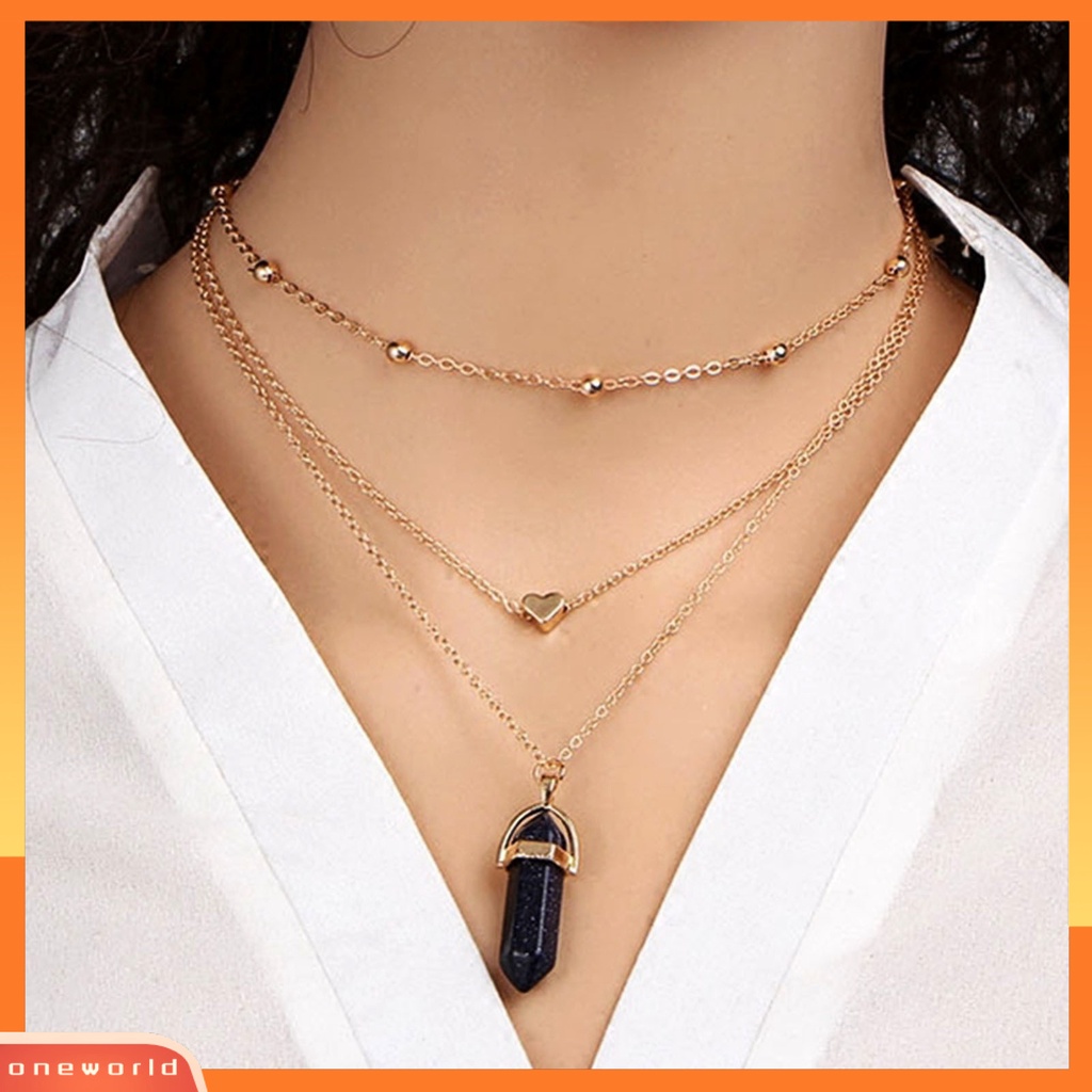 [ONE] Kalung Hexagonal Rhomboid Kristal Imitasi 3lapisan Wanita Manik-Manik Hati Semua Cocok Choker Untuk Pernikahan
