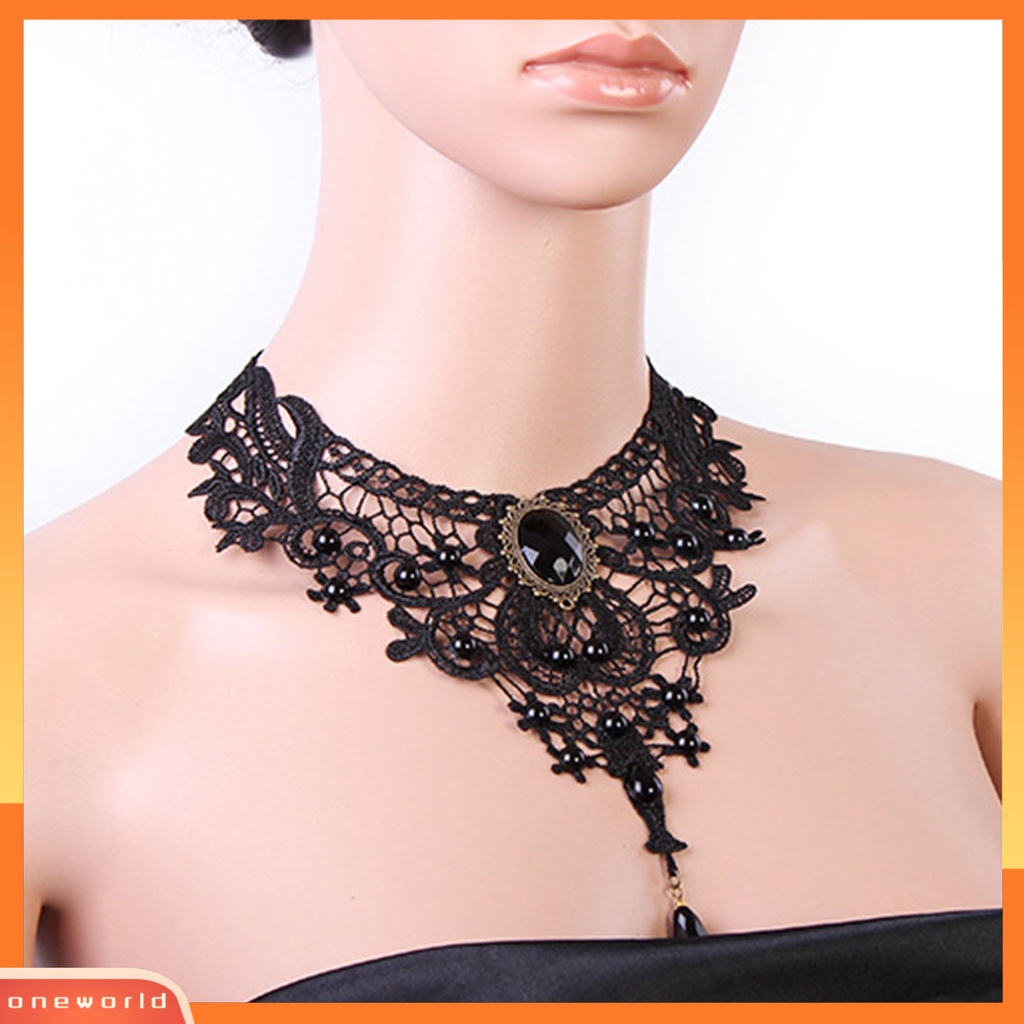 [ONE] Kalung Wanita Manik-Manik Renda Hitam Hollow Out Adjustable Choker Necklace Untuk Pesta