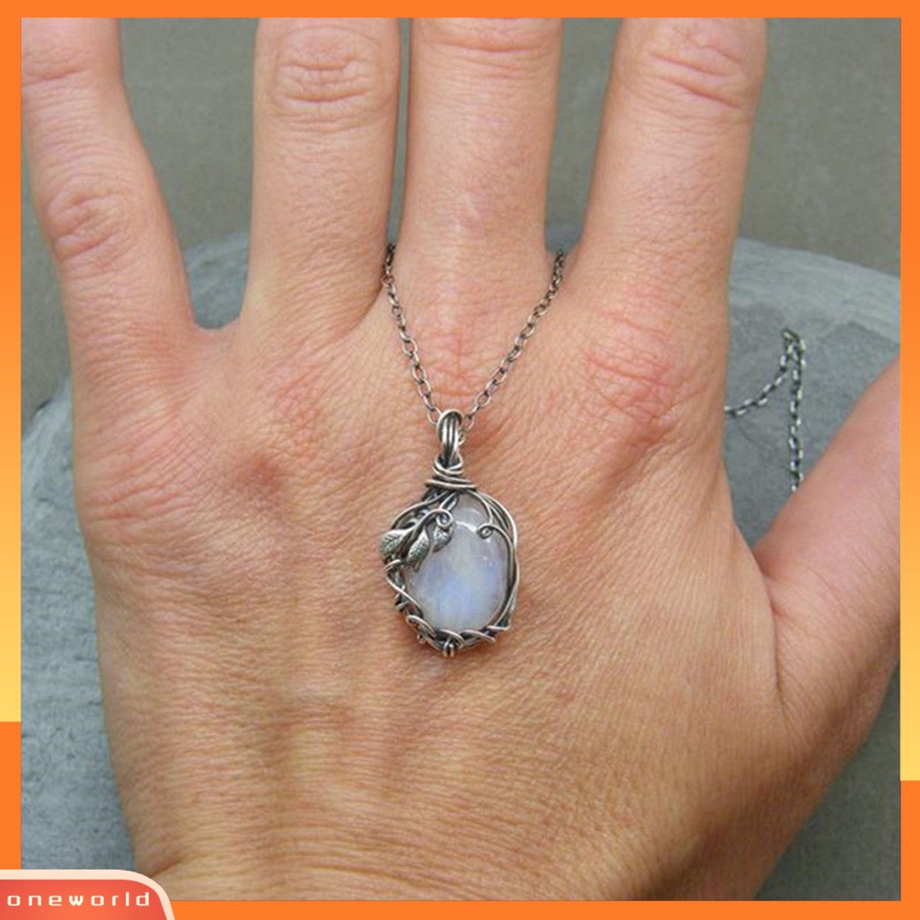 [ONE] Kalung Klavikula Rantai Ekstensi Motif Daun Pengerjaan Halus Faux Moonstone Pendant Charm Necklace Untuk Wanita