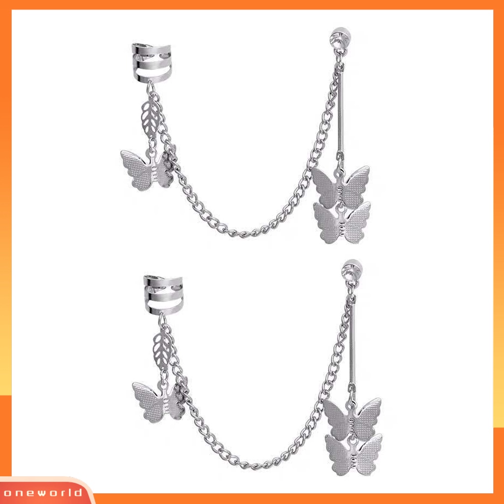 [ONE] 1pasang Kupu-Kupu Wanita Anting Keren Punk Warna Perak Link Rantai Tulang Rawan Klip Anting Fashion Perhiasan Hadiah
