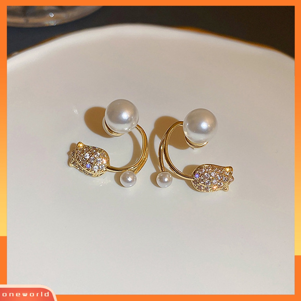 [ONE] 1pasang Anting Wanita Desain Tulip High-end Berlian Imitasi Mengkilap Geometris Electroplating Pakaian Sehari-Hari Kilau Terang Mutiara Imitasi Bunga Stud Earrings Perhiasan Aksesori