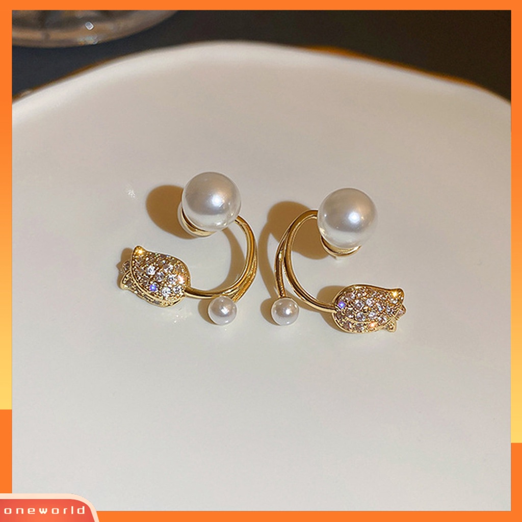 [ONE] 1pasang Anting Wanita Desain Tulip High-end Berlian Imitasi Mengkilap Geometris Electroplating Pakaian Sehari-Hari Kilau Terang Mutiara Imitasi Bunga Stud Earrings Perhiasan Aksesori