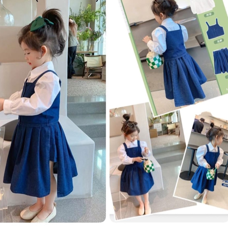 CHUBBI 60 Setelan Set Anak Perempuan 3in1 Rompi, Kemeja + Rok Denim