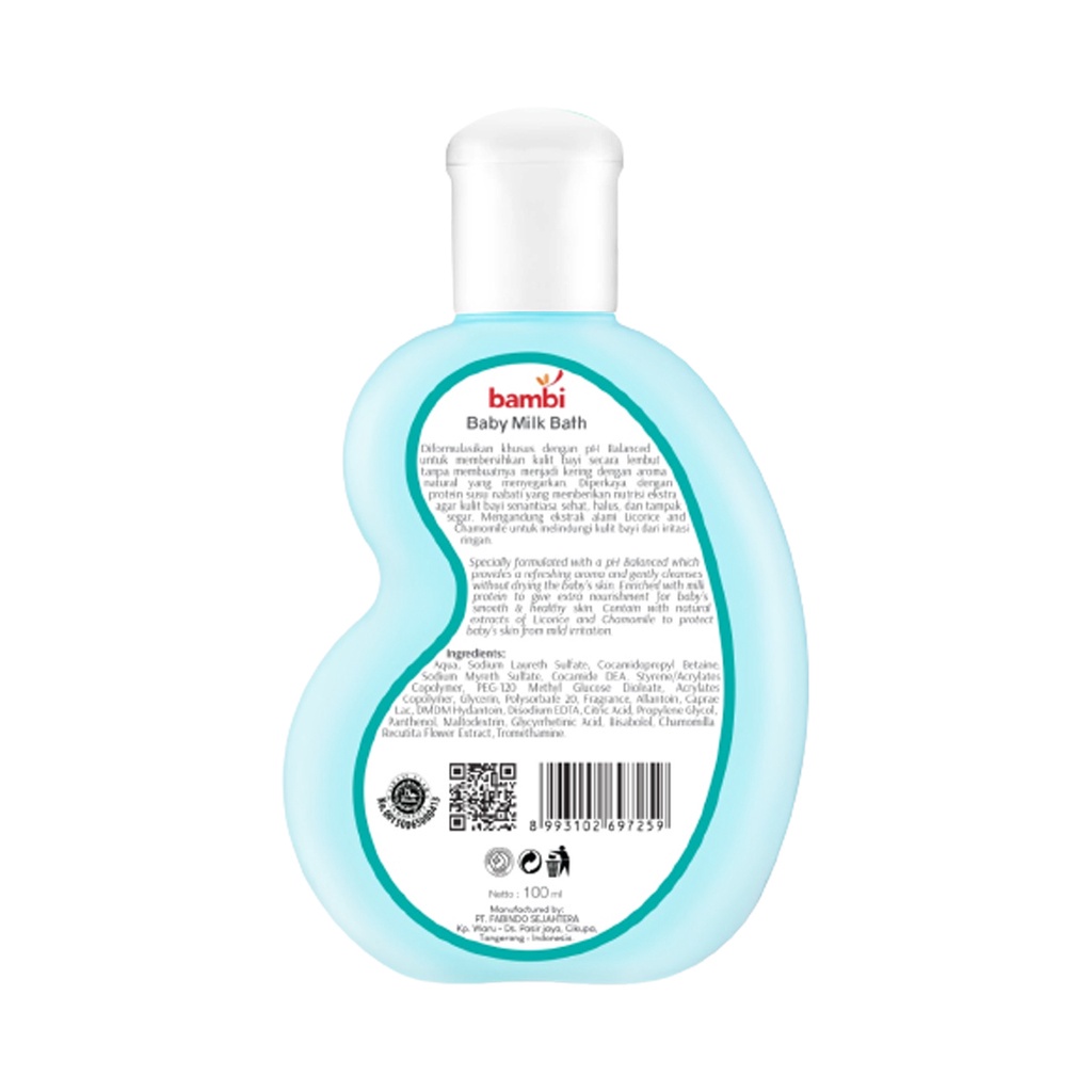 Bambi Baby Milk Bath Extra Moist 100ml | Sabun Bayi Kaya Protein Susu Nabati | Kulit Bayi Normal - Sensitif | PH Balance