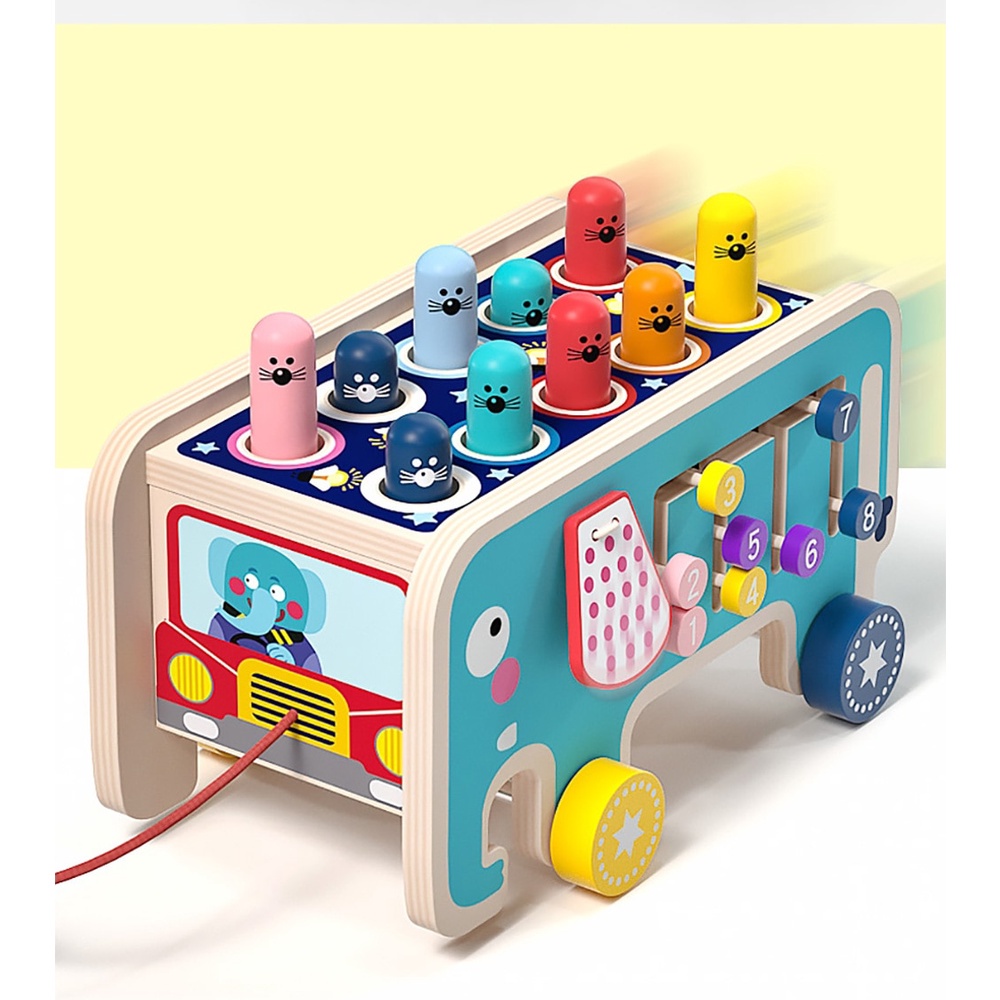 elephant hitting hamster wooden knock toys pull push truck xylophone mainan edukasi anak