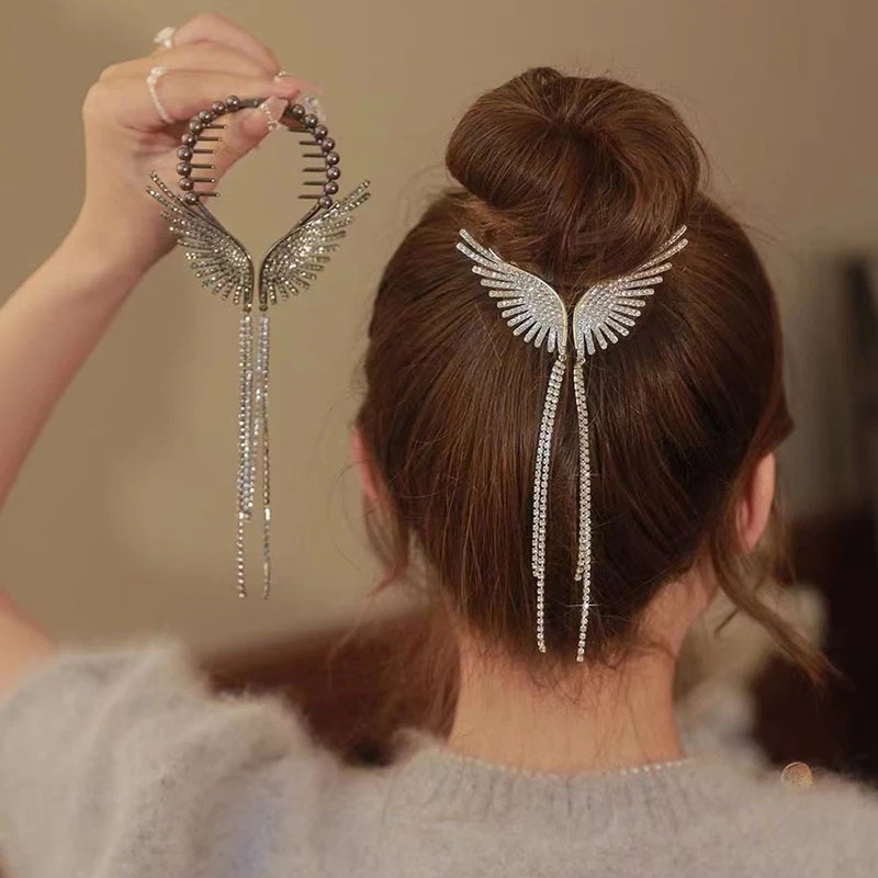 Gadis Sayap Malaikat Rumbai Sanggul Kepala Ponytail Gesper Hairgrips/Mutiara Elegan Kristal Rambut Cakar Klip/Super Peri Senior Sense Pan Hair Hairpin/Fashion Manis Korea Hiasan Kepala