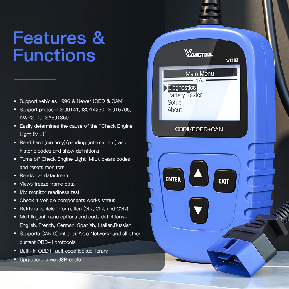 AKN88 - VDIAGTOOL VD10 OBD2 Engine Code Reader Auto Diagnostic Tool V1.5