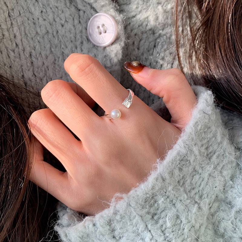 Papaozhu Chic Perak Keberuntungan Mutiara Chunky Cincin Untuk Wanita Gadis Korea Trendi Terbuka Rings Adjustable Fashion Jari Manset Perhiasan Hadiah