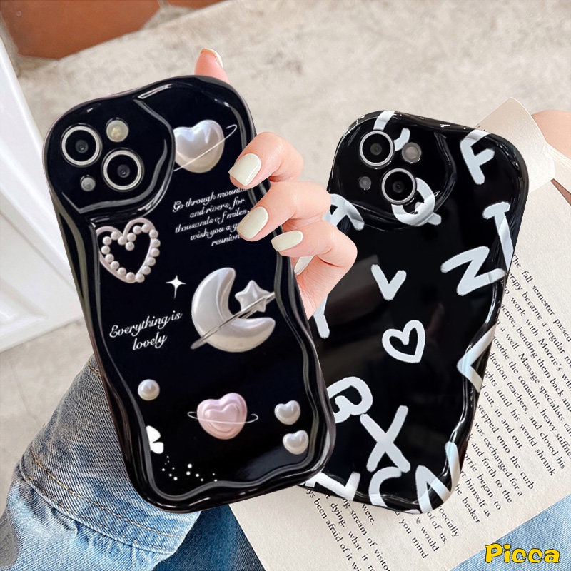 Casing Untuk Oppo A16 A15 A17k A16K A5s A95 A53 A17 A77 A1k A92 A3s A74 A54s A16s A52 A77s A9 A5 A76 A16E A31 Romantis Bulan Bintang Alfabet Love Hati 3D Bergelombang Lengkung Tepi Soft Cover