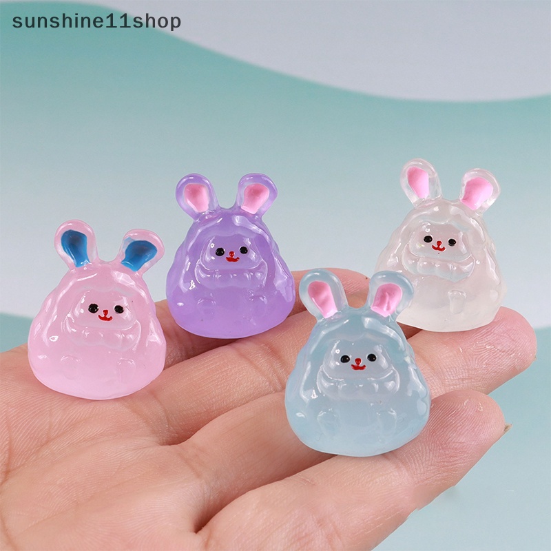 Sho 2pcs Miniatur Boneka Kartun Kelinci Bercahaya Lucu Resin Bunny Ornamen Mobil Dekorasi Rumah N