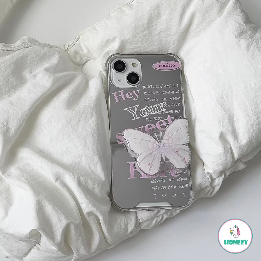 Ins Pink English Mirror Phone Case Untuk iPhone 14 Pro Max11 12 13 Pro Max XS XR 8 7plus Butterfly Stand Anti-Shock Back Cover