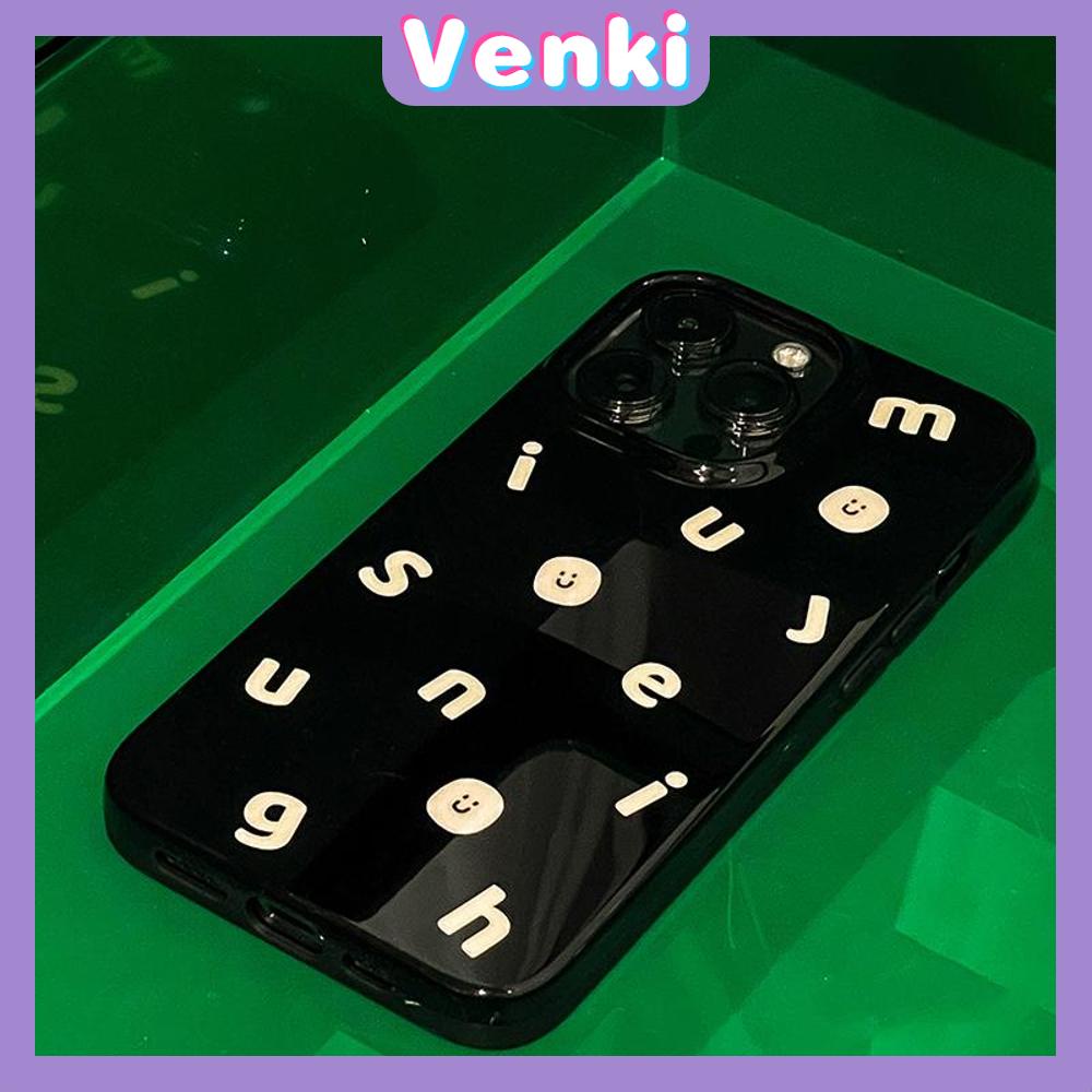 VENKI - Untuk iPhone 14 Pro Max iPhone Case Grip Berdiri Tersenyum Dudukan Lipat Hitam Glossy TPU Soft Case Huruf Kuning Kompatibel dengan iPhone 13 Pro max 12 Pro Max 11 xr xs max 7 8Plus