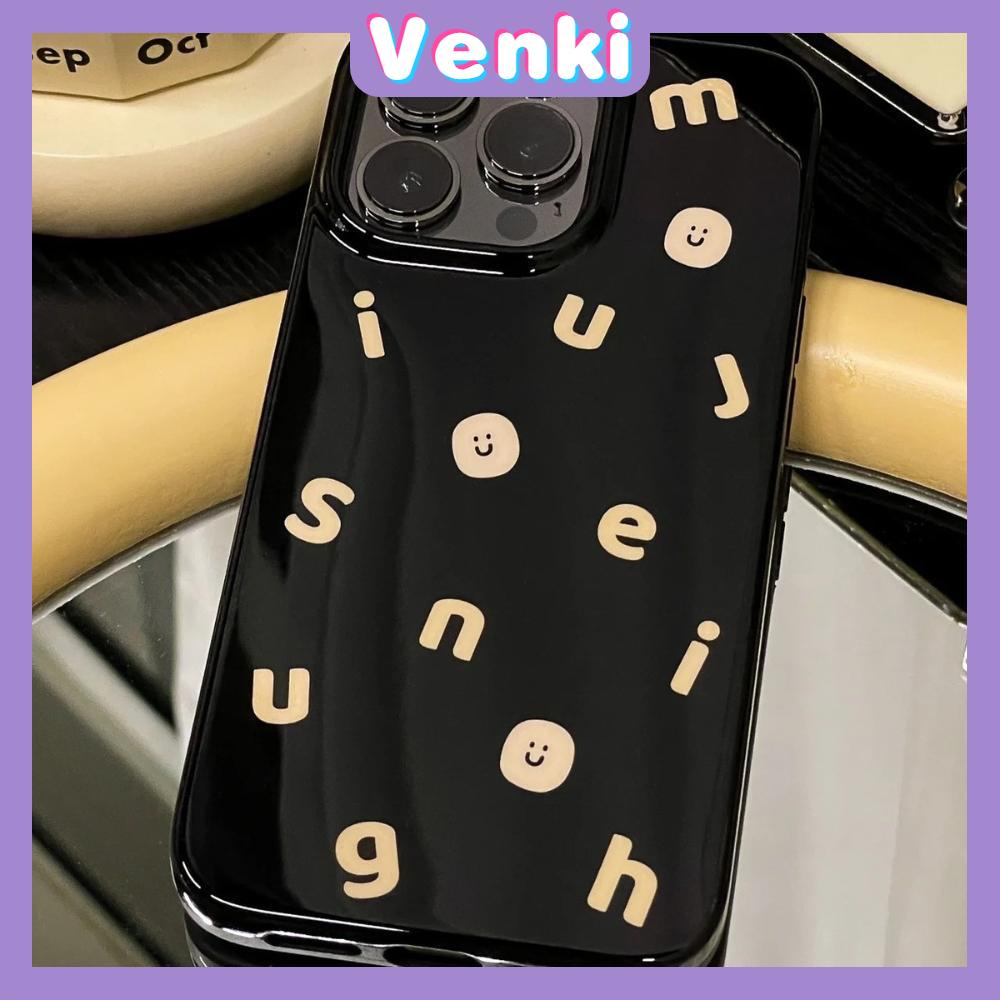 VENKI - Untuk iPhone 14 Pro Max iPhone Case Grip Berdiri Tersenyum Dudukan Lipat Hitam Glossy TPU Soft Case Huruf Kuning Kompatibel dengan iPhone 13 Pro max 12 Pro Max 11 xr xs max 7 8Plus