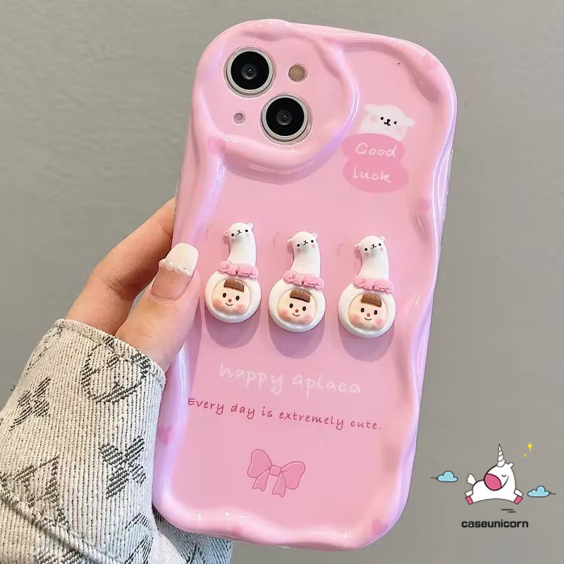 IPHONE Kompatibel Untuk Iphone11 13 14 12 Pro Max7 8 6 6s Plus XR X XS Max Se2020Mainan Kartun Smiley Cantik 3D Lucu Imut Alpaka Cewek 3D Tepi Bergelombang Melengkung Soft Cover DIY Case