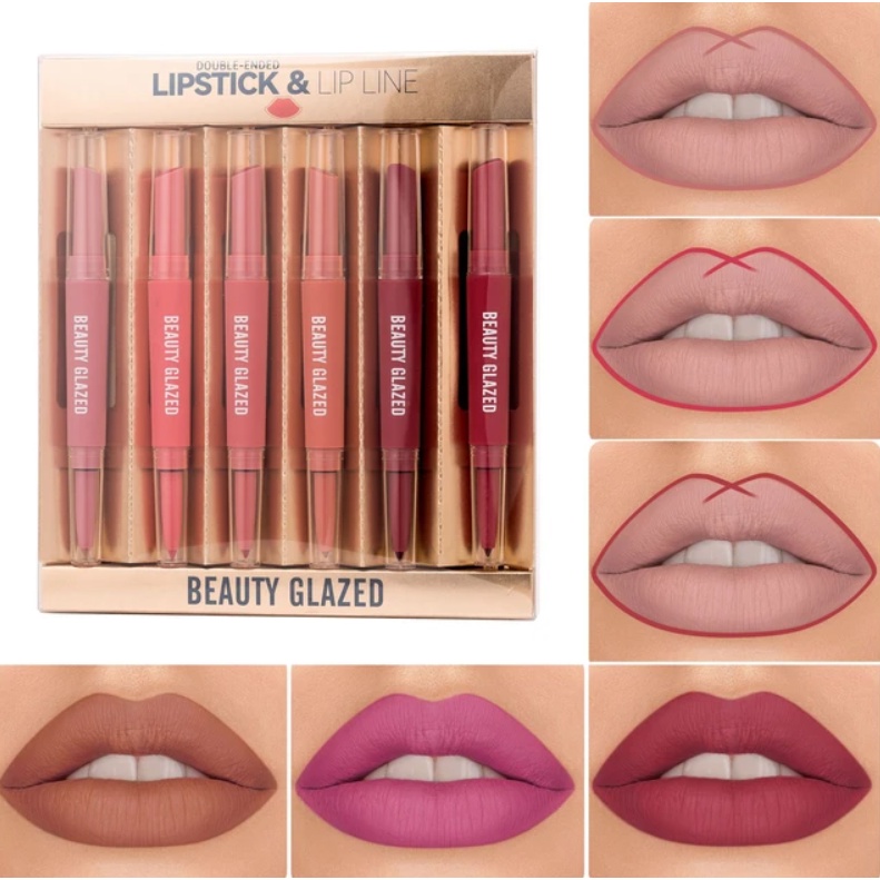 (READY &amp; ORI) Beauty Glazed 6 In 1 Double Head Lip Liner And Lipstick Set BG136