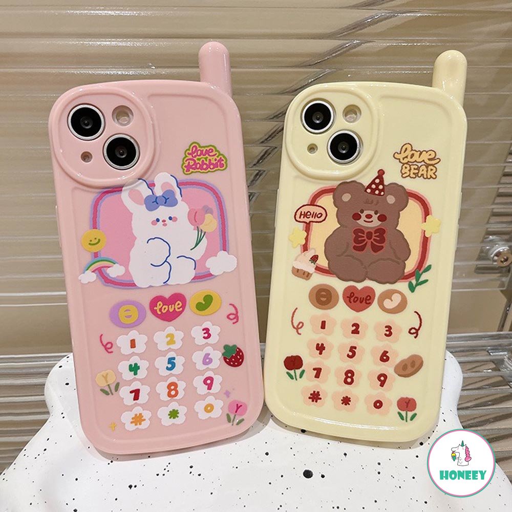 Retro Kreatif Telepon Beruang Lucu Bunny Case Untuk iPhone 14 Pro 12 11 13 14 Pro Max XS XR 3D Telepon Anime Graffiti Pink Cover