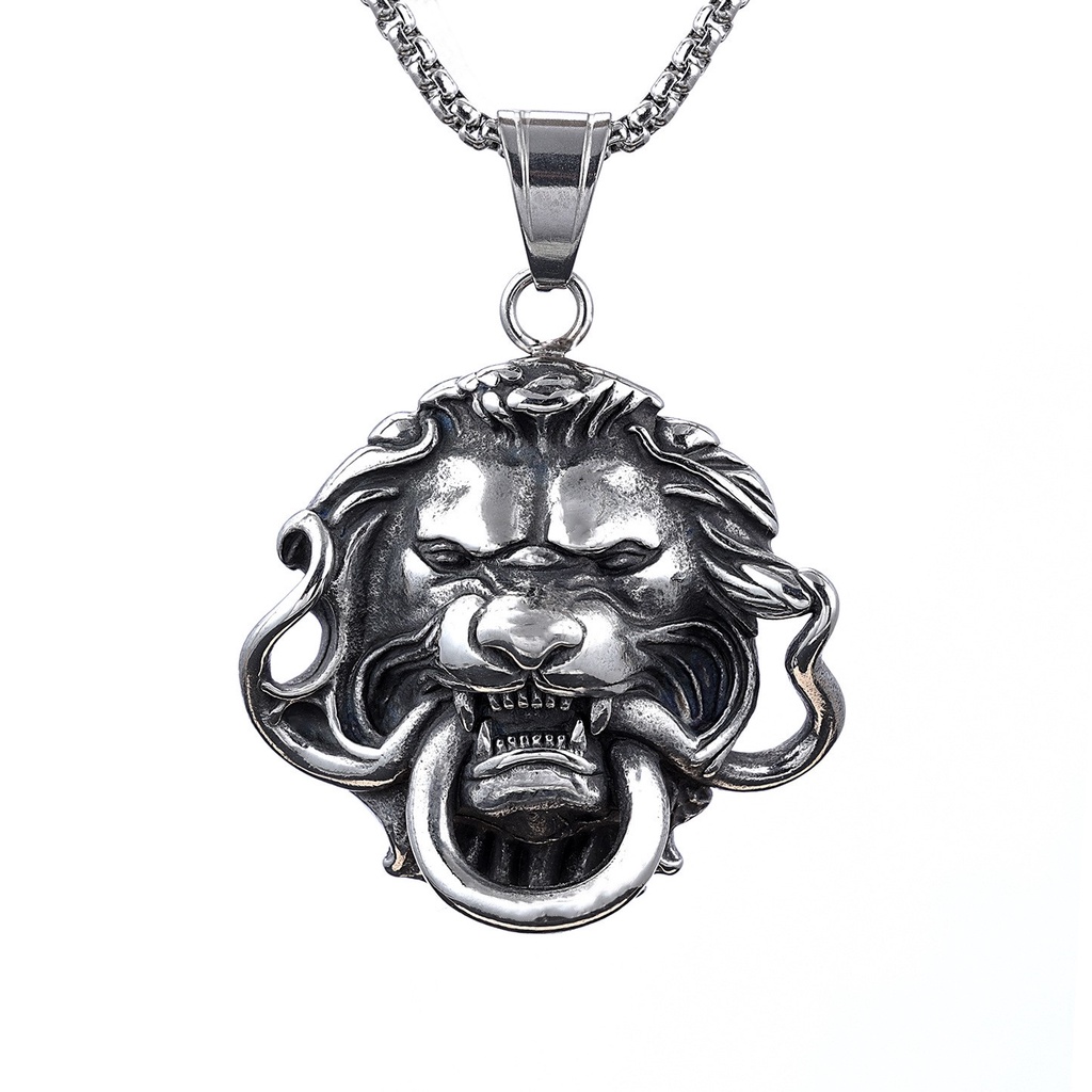 [X C Kalung] Baru Silvery Disc Besar Kepala Singa Liontin Punk Hip Hop Stainless Steel Kalung Hadiah Pesta Ulang Tahun Untuk Pria Dan Wanita