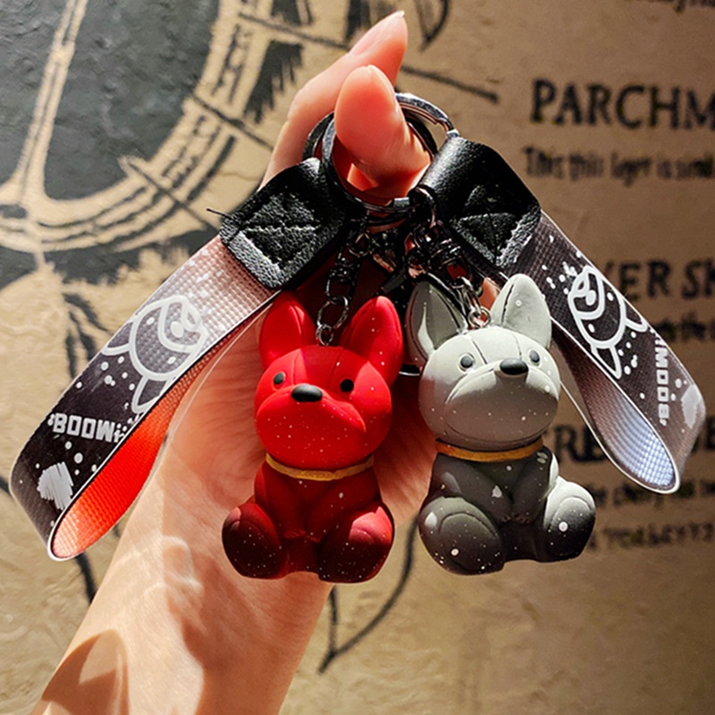 5warna 3D Lucu Gradien Warna Starlight Bulldog Dengan Rajutan Anti-lost Tali Gantungan Kunci Universal Tas Ransel Bluetooth Earphone Case Cover DIY Membuat Mobil Rumah Gantungan Kunci