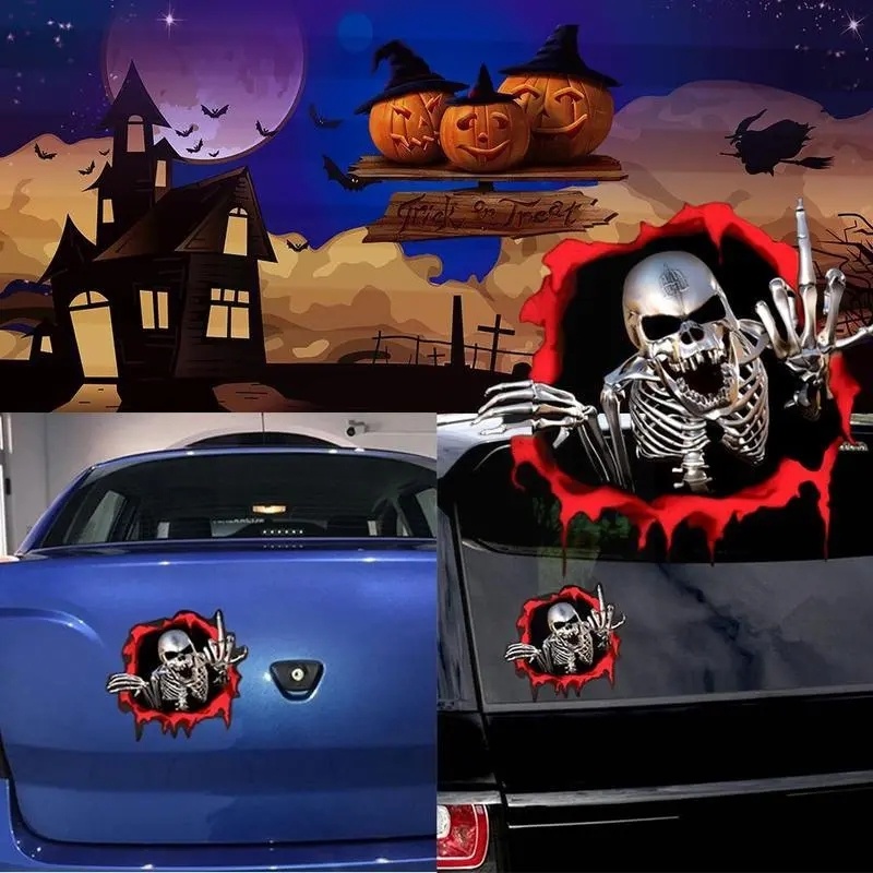 Halloween Horror PET Reflektif Pola Tengkorak Stiker Mobil/ Otomotif Perekat Diri Tahan Air Skeleton Decals/ DIY Kepribadian Kendaraan Aplikasi Dekorasi