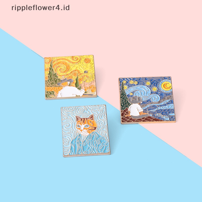 {rippleflower4.id} Art Self Portrait Enamel Pin Van Gogh Bintang Bulan Malam Bros Logam Lencana Tas~