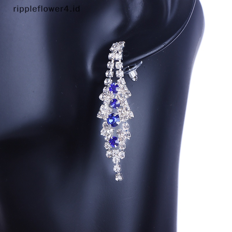 {rippleflower4.id} Set Perhiasan Pengantin Pernikahan Kristal Berlian Imitasi Biru Elegan Untuk Wanita Bentuk V Choker Kalung Anting Set~