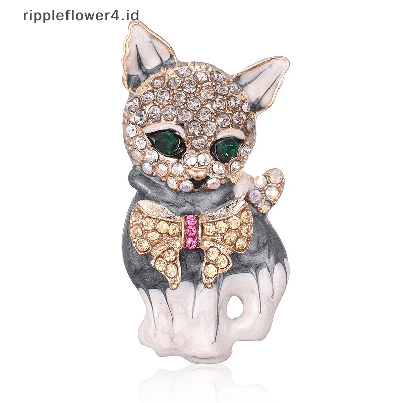 {rippleflower4.id} Kartun Hewan Kucing Bros Lucu Vintage Berlian Imitasi Kucing Baju Kerah Pin Tas Lucu Lencana~