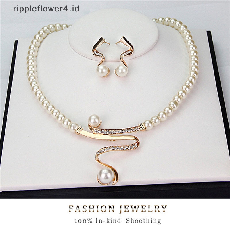 {rippleflower4.id} Baru Wanita Pengantin Pesta Pernikahan Mutiara Berlian Imitasi Kalung Anting Set Perhiasan~