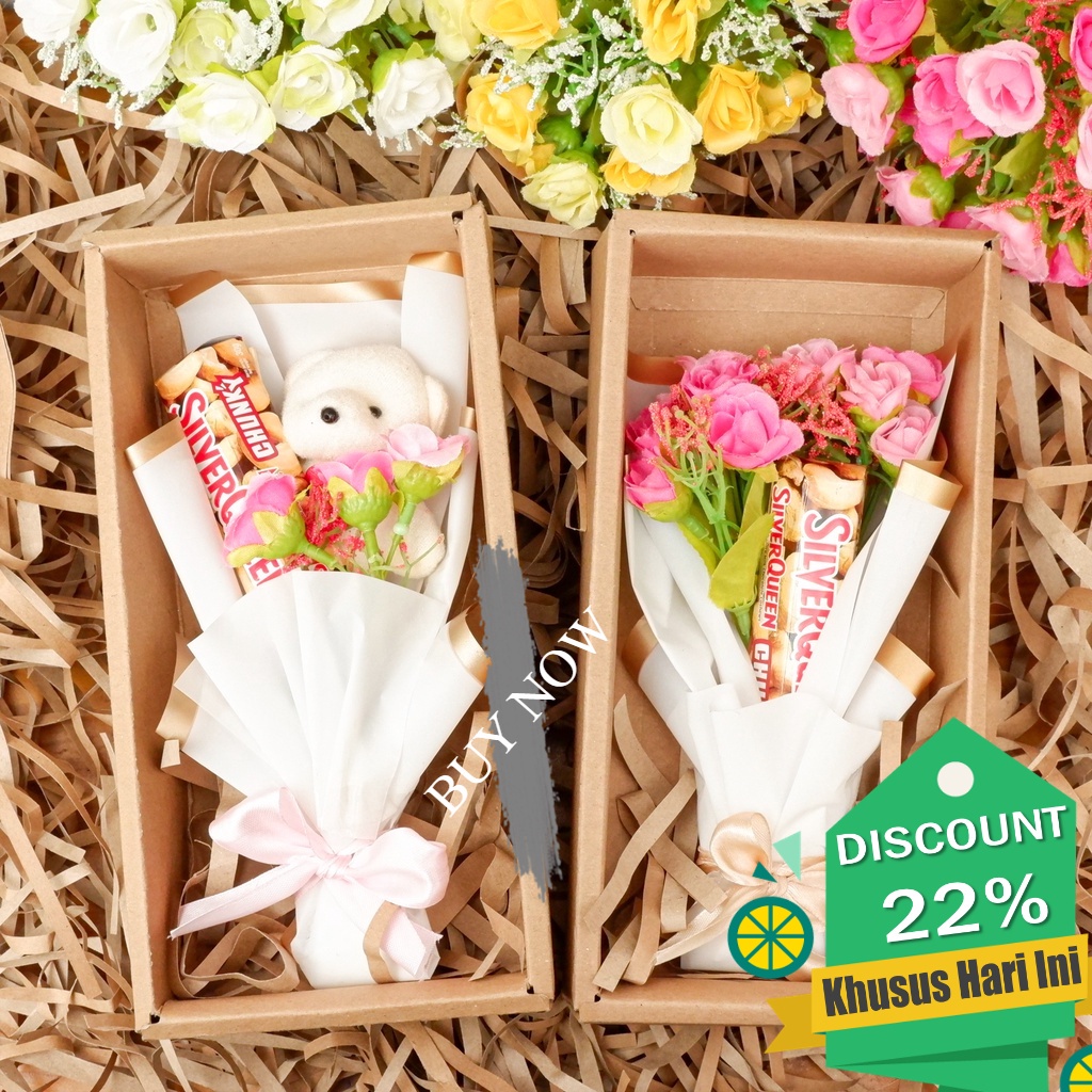 Buket bunga coklat dan boneka beruang FREE CARD box hadiah sweet flower box / mini bouquet buket bun