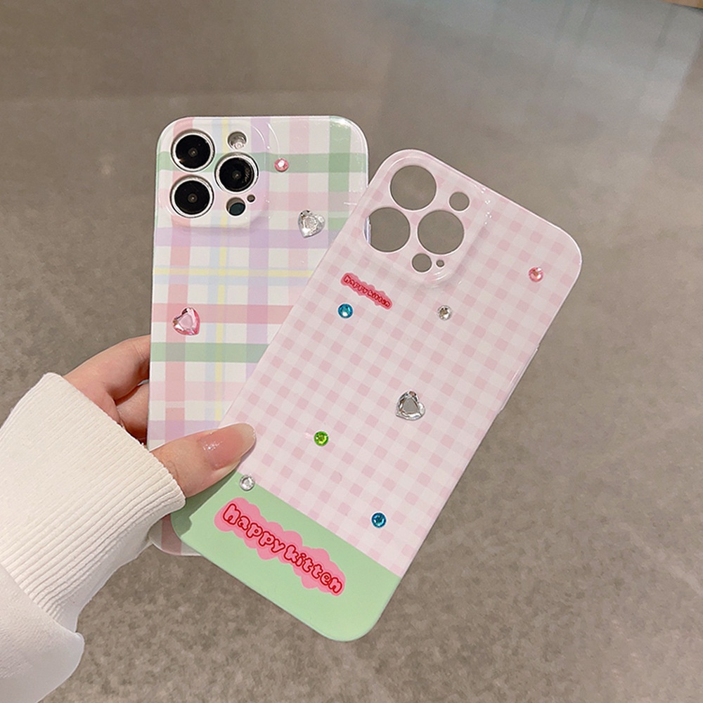 IPHONE Musim Panas Romantis Macaron Warna Kotak-Kotak Telepon Hard Case Film Cover Dengan Manik-Manik Berlian Imitasi Pelindung Untuk Iphone7-8 PLUS X XR XS 11 12 13 14 PRO MAX Se2020