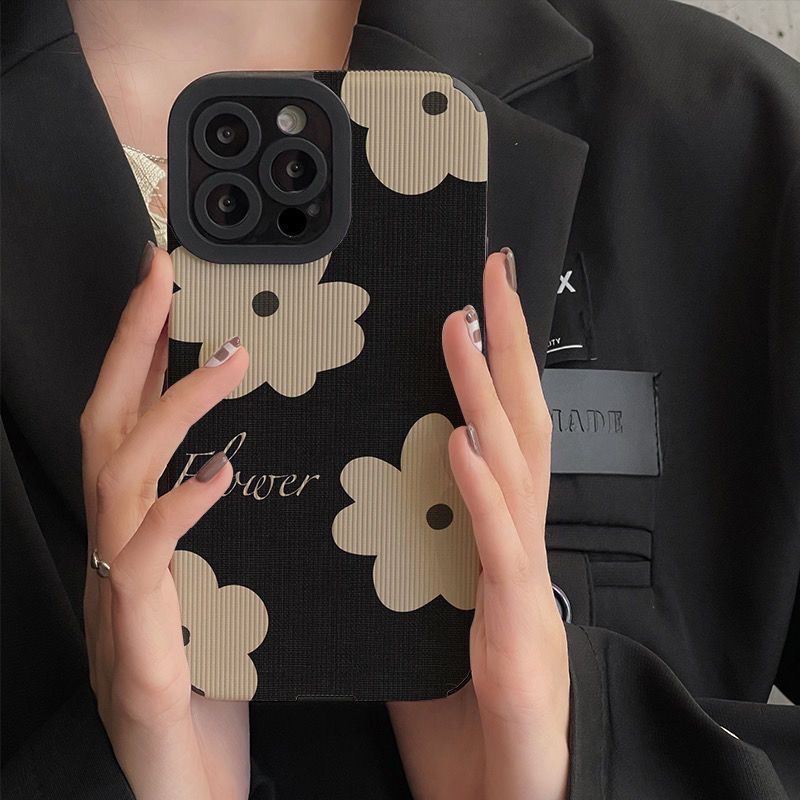 All New Lamb Skin Pretty Black Art Flower Soft Case IPhone 7 Plus 8 Plus X XS XR XS Max 11 13 12 14 PRO Max 14 Plus SE Phone Case Girl Girl Women' Fashion Black Flower Case