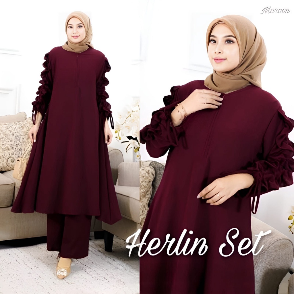 Herlin One Set Fit To XL Besar l Setelan Wanita Muslim Casual Daily l Stelan Baju Kondangan 2in1