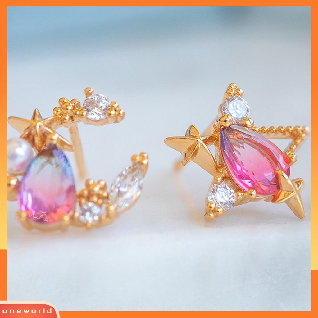 [WOD] 1pasang Anting Tusuk Telinga Alloy Chic Piercing Hias Bulan Bintang Berlian Imitasi Untuk Liburan