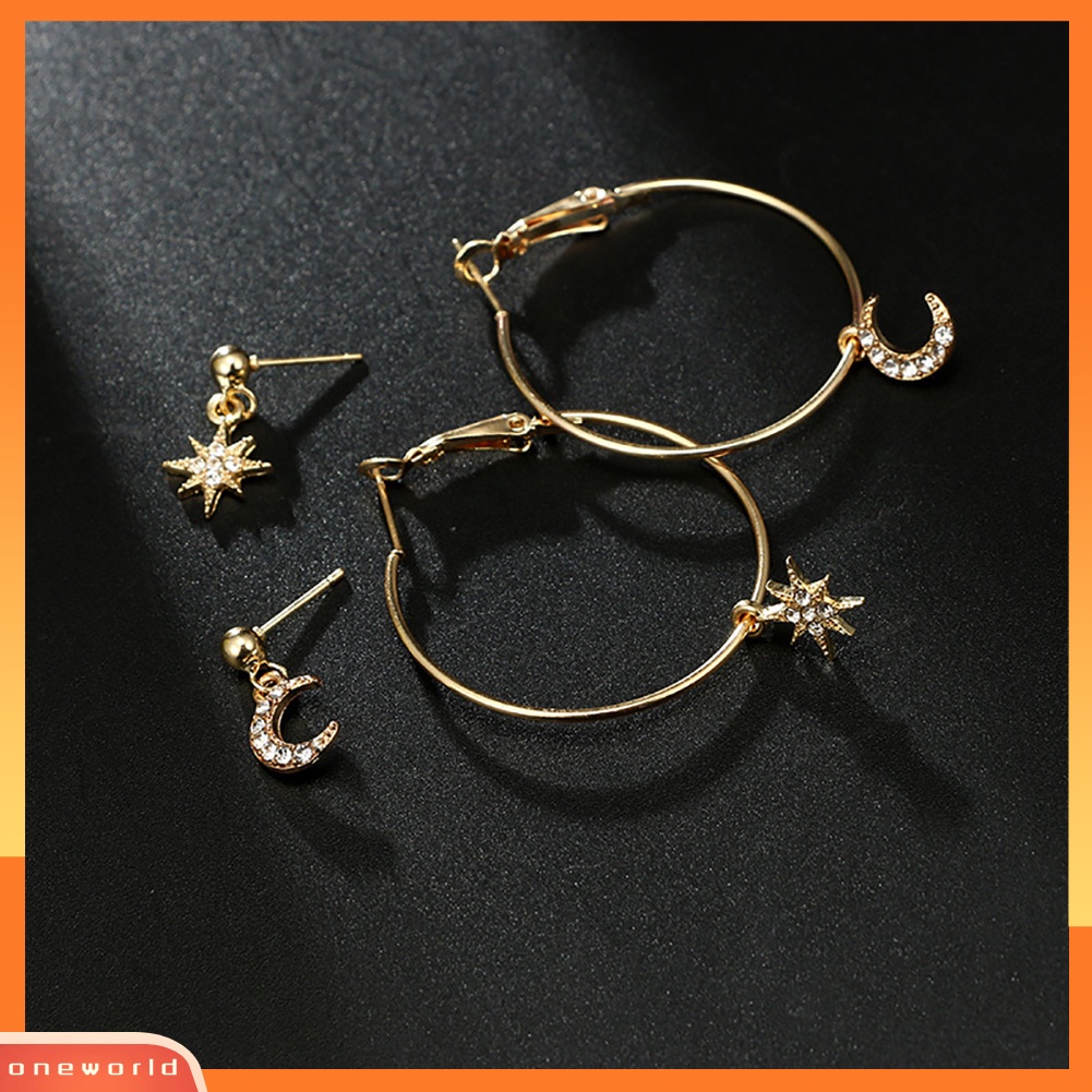 [WOD] 4pcs/set Chic Berlian Imitasi Bulan Bintang Telinga Hoop Drop Anting Wanita Perhiasan Pesta