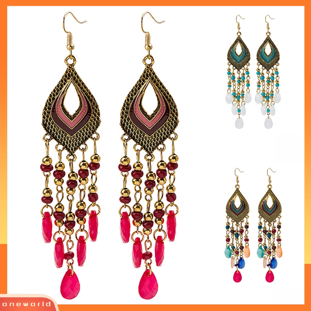 [WOD] 1pasang Anting Drop Gaya China Hias All-match Bohemian Vintage Hollow Anting Manik-Manik Panjang Untuk Pacaran