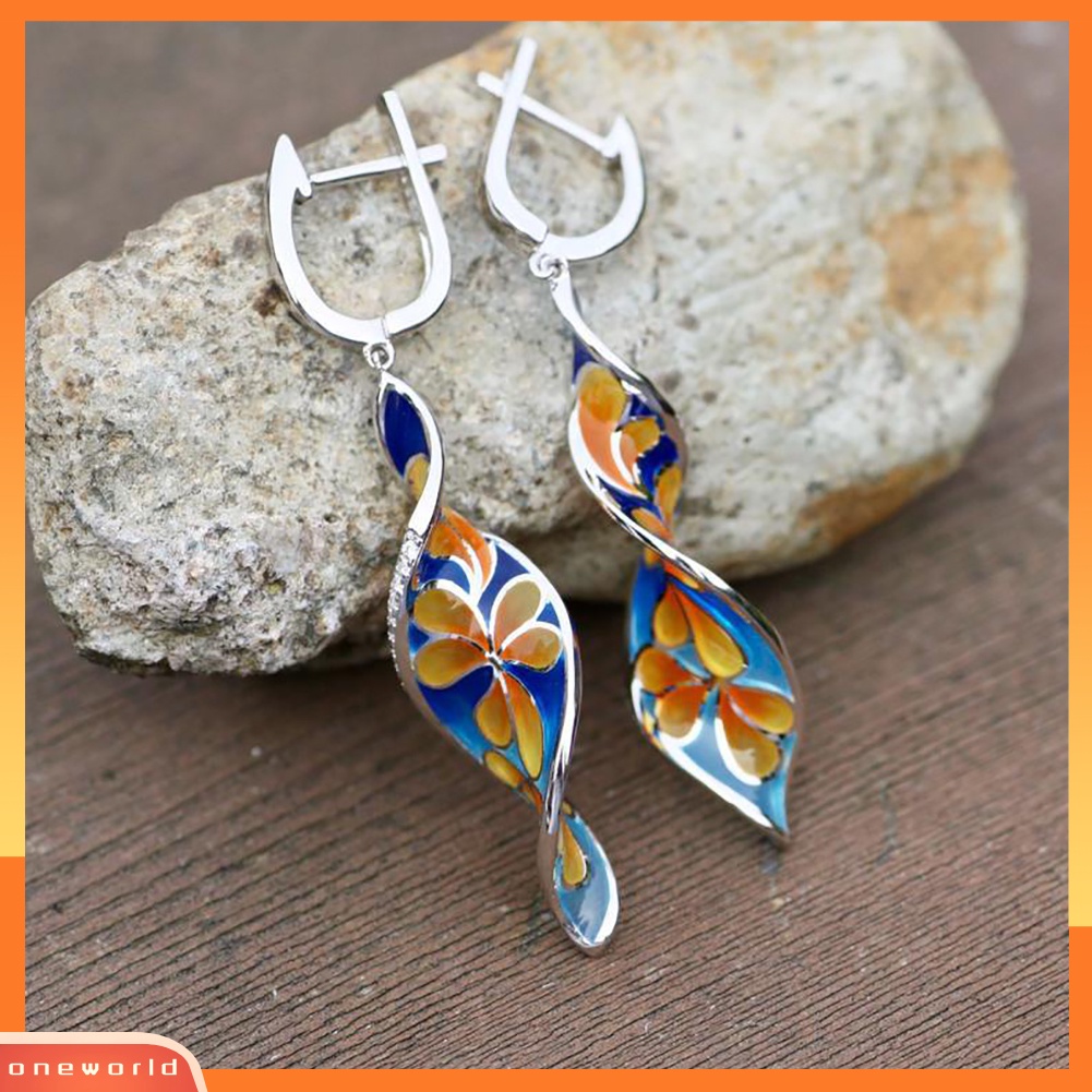 [WOD] Vintage Wanita Berlian Imitasi Hias Spiral Enamel Plumeria Menjuntai Anting Perhiasan