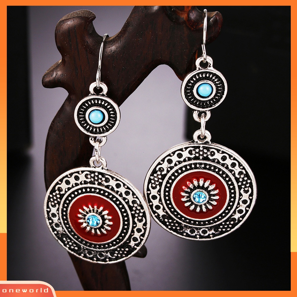 [WOD] Wanita Berlian Imitasi Hias Enamel Bunga Panjang Etnik Bulat Menjuntai Kait Anting