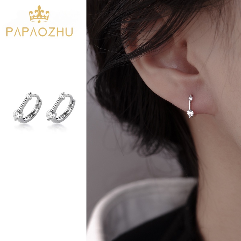 Papaozhu Chic S925 Perak Kecil Bersinar Zirkon Anting Hoop Untuk Wanita Perempuan Trendi Berkilau Kristal Manset Anting-Anting Kepribadian Telinga Aksesoris