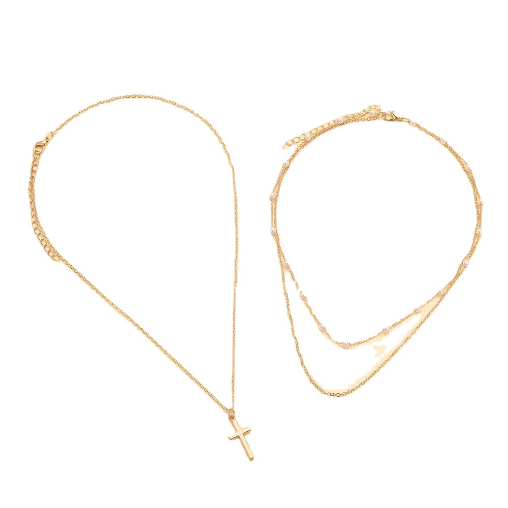 Kalung Liontin Salib Multilayer Lapis Emas Untuk Wanita Choker Rantai Perhiasan Mutiara Simulasi Minimalis