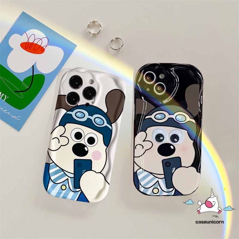 Pasangan Case Ponsel Kartun Kompatibel Untuk iPhone 7Plus XR X13 11 12 14 Pro Max 6 7 8 6s Plus XS Max SE 2020lucu Selfie Gromit Dog 3D Wavy Curved Edge Shockproof Glossy Soft Cover