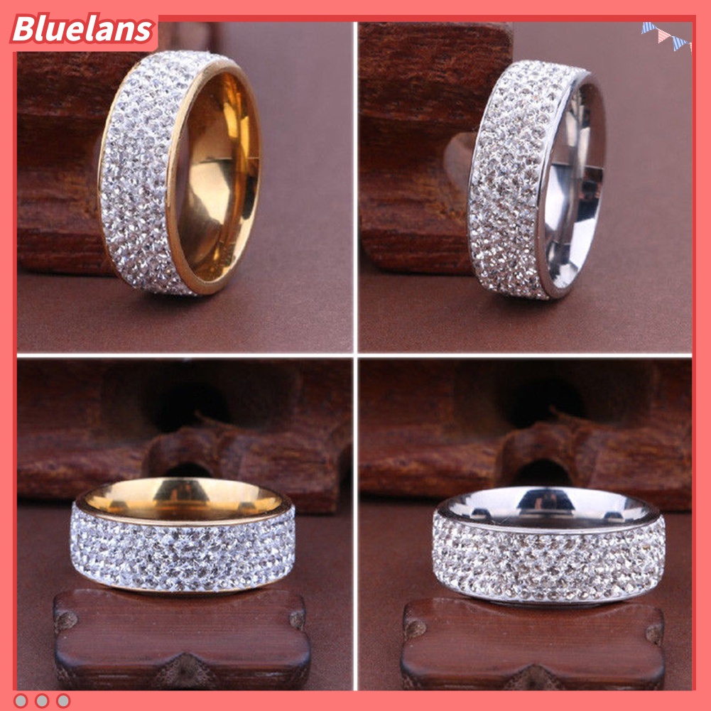 [BLS] Unisex Pria Wanita Lima Baris Berlian Imitasi Bertatahkan Pernikahan Band Knuckle Pasangan Cincin