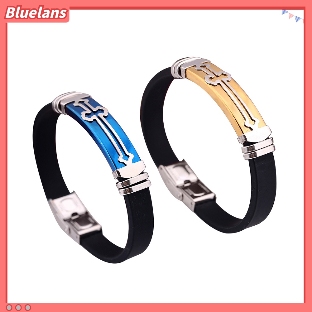 [BLS] Fashion Motif Salib Logam Silikon Band Pria Wrist Decor Gelang Bangle