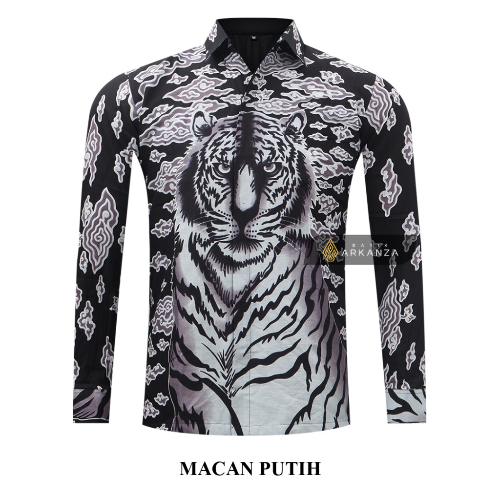 Kemeja BATIK ARKANZA STORE Motif MACAN PUTIH Atasan Baju Batik Pria Cowok Laki Laki Slimfit Full Lap