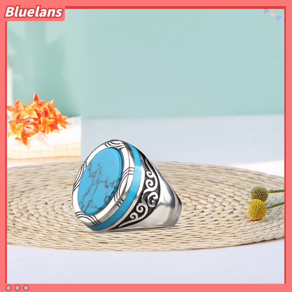 [BLS] Electroplating Polishing Lebar Pria Cincin Punk Retro Ukir Pola Faux Turquoise Ring Perhiasan Aksesoris