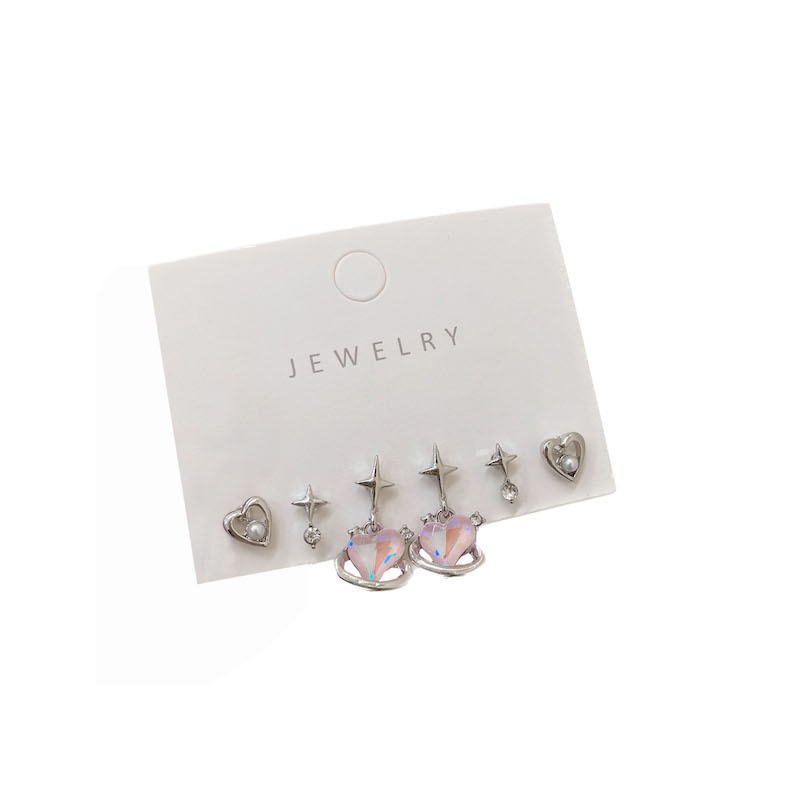 6 Pcs/Sweet Cool Zircon Pink Heart Earring Set Gaya Korea Vintage Mutiara Hati Anting Perak2023New Fashion Aksesoris