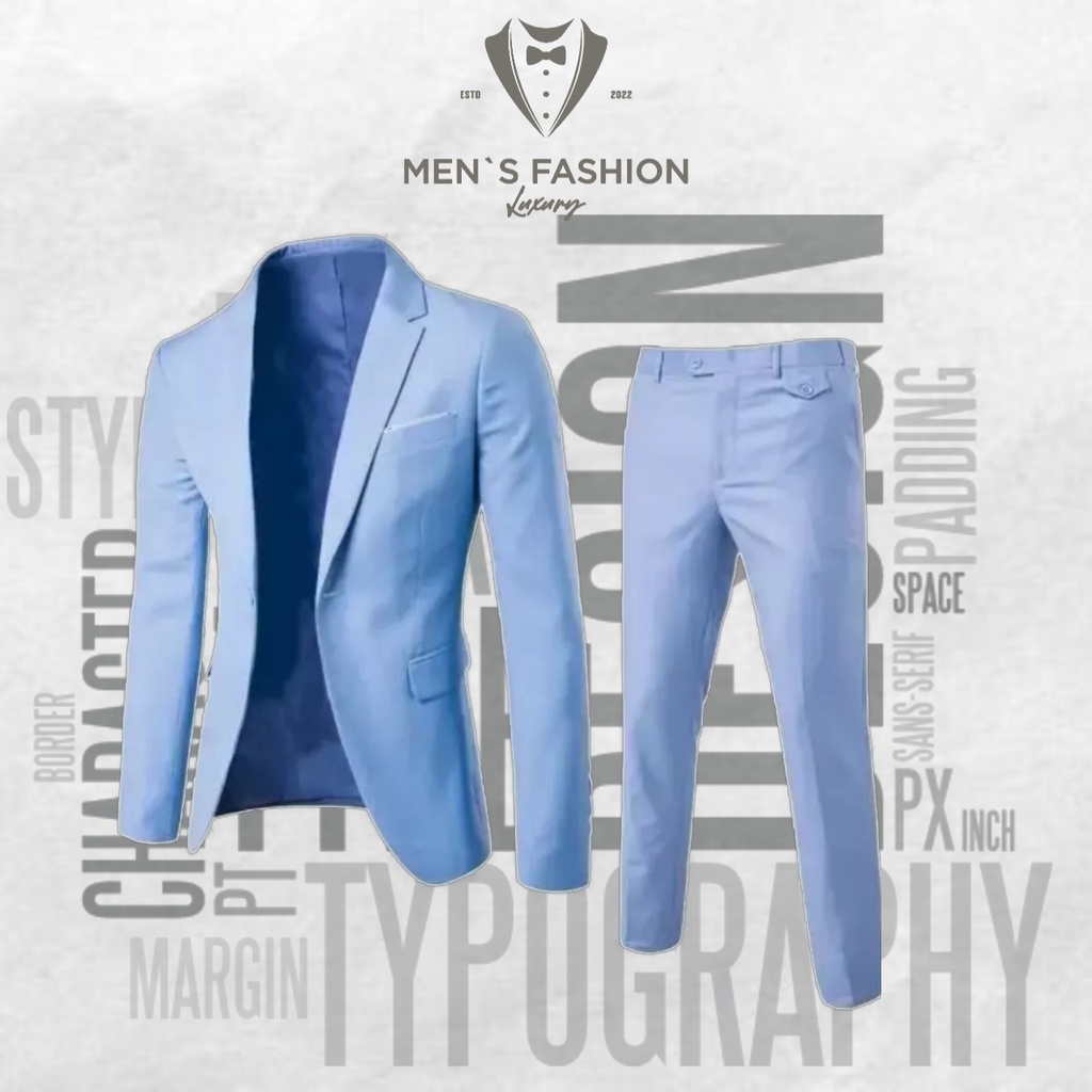 Setelan Jas Blazer Pria Warna Biru Muda