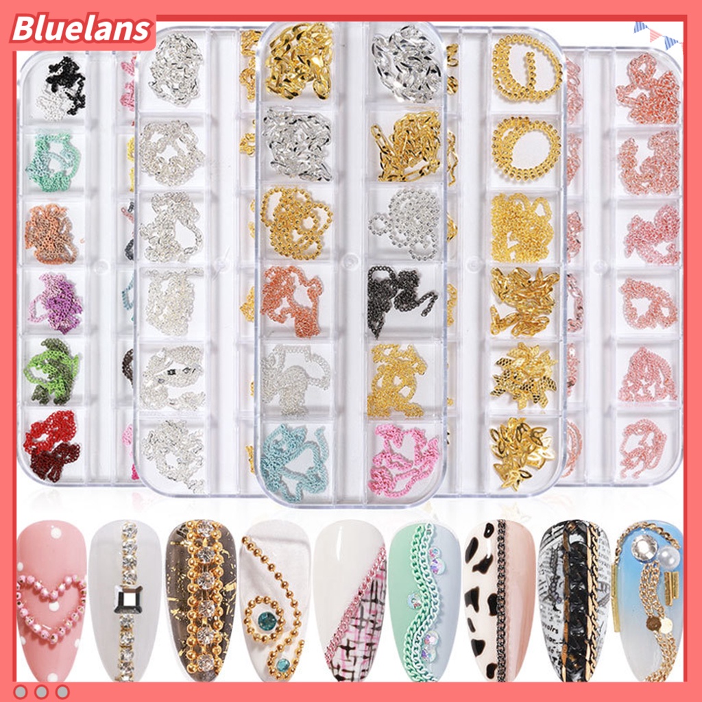 [BLM] 12pcs /Set Dekorasi Kuku Dengan Mudah Menempel DIY Rantai Kuku Metal Logam Charms Berlian Imitasi 3D Ornamen Untuk Perempuan