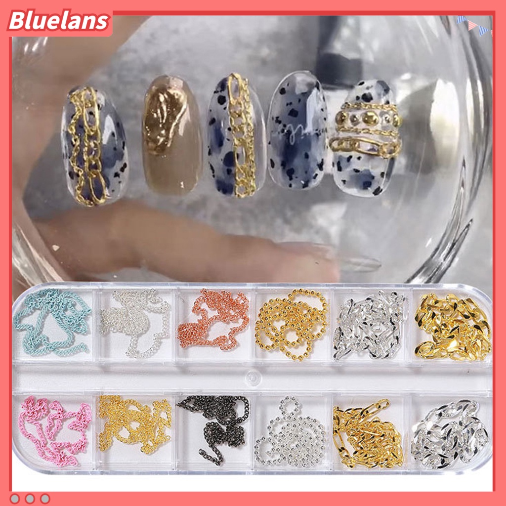 [BLM] 12pcs /Set Dekorasi Kuku Dengan Mudah Menempel DIY Rantai Kuku Metal Logam Charms Berlian Imitasi 3D Ornamen Untuk Perempuan