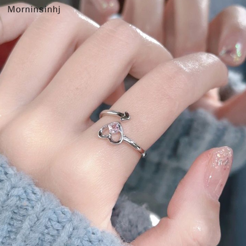 Mornin Fashion Shiny Pink Rhinestone Heart Opening Couple Rings Vintage Kristal Adjustable Finger Ring Untuk Wanita Kekasih Perhiasan Hadiah id